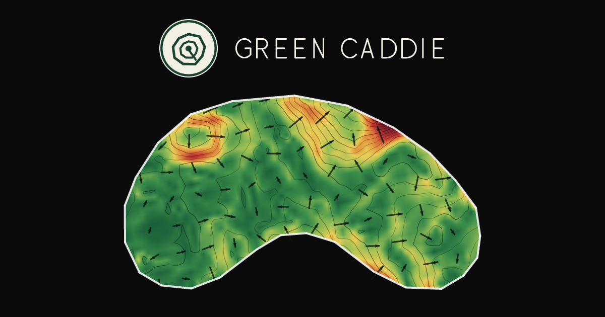 A putting green at 12 Oaks Golf Course, painted with its measured slope — green where it is flat, red where it falls away, with arrows showing which way a ball rolls.