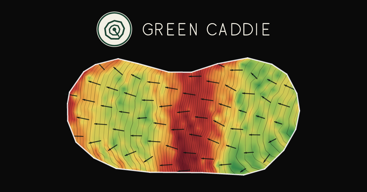 A putting green at Bay of Islands Golf Club, painted with its measured slope — green where it is flat, red where it falls away, with arrows showing which way a ball rolls.