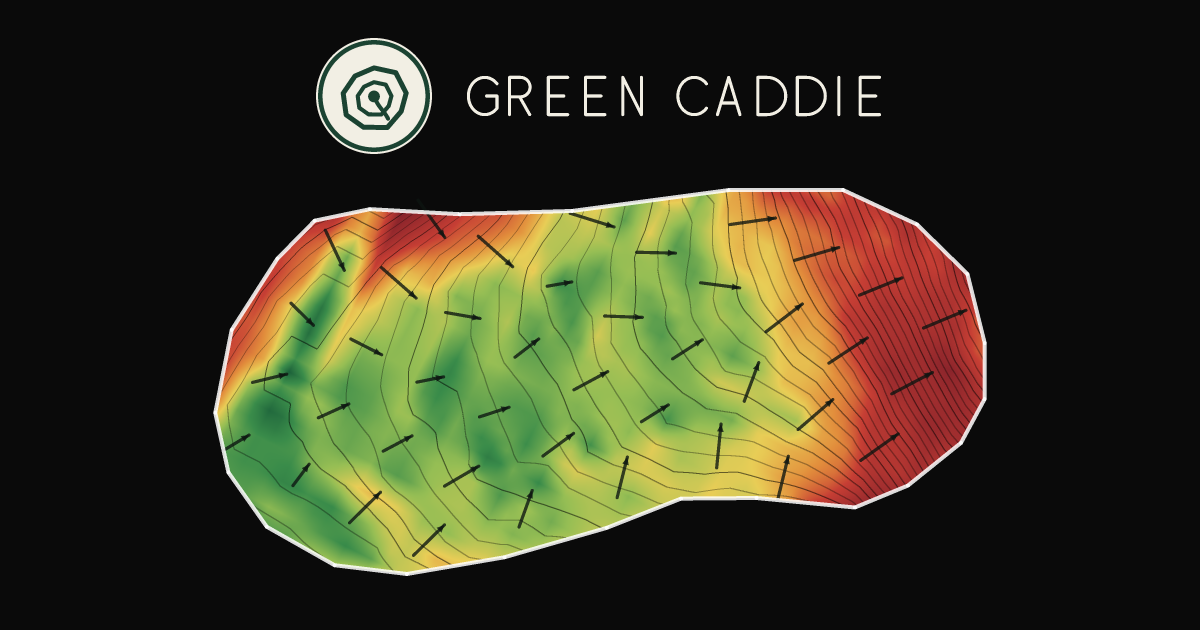 A putting green at Boulcott's Farm Heritage Golf Club — Short Course, painted with its measured slope — green where it is flat, red where it falls away, with arrows showing which way a ball rolls.