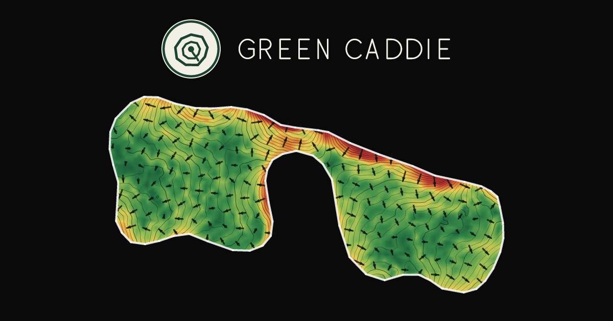 A putting green at Boulcott's Farm Heritage Golf Club, painted with its measured slope — green where it is flat, red where it falls away, with arrows showing which way a ball rolls.