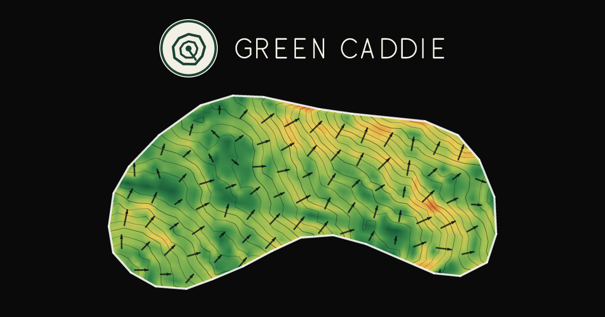 A putting green at Chisholm Park Golf, painted with its measured slope — green where it is flat, red where it falls away, with arrows showing which way a ball rolls.
