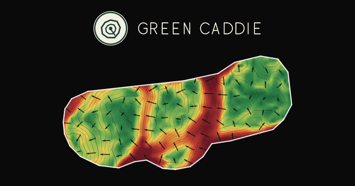 A putting green at Fairview Estate, painted with its measured slope — green where it is flat, red where it falls away, with arrows showing which way a ball rolls.