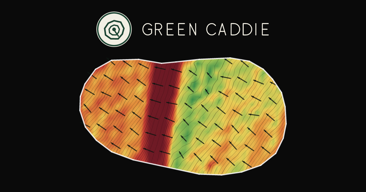A putting green at Gleniti Golf Course, painted with its measured slope — green where it is flat, red where it falls away, with arrows showing which way a ball rolls.
