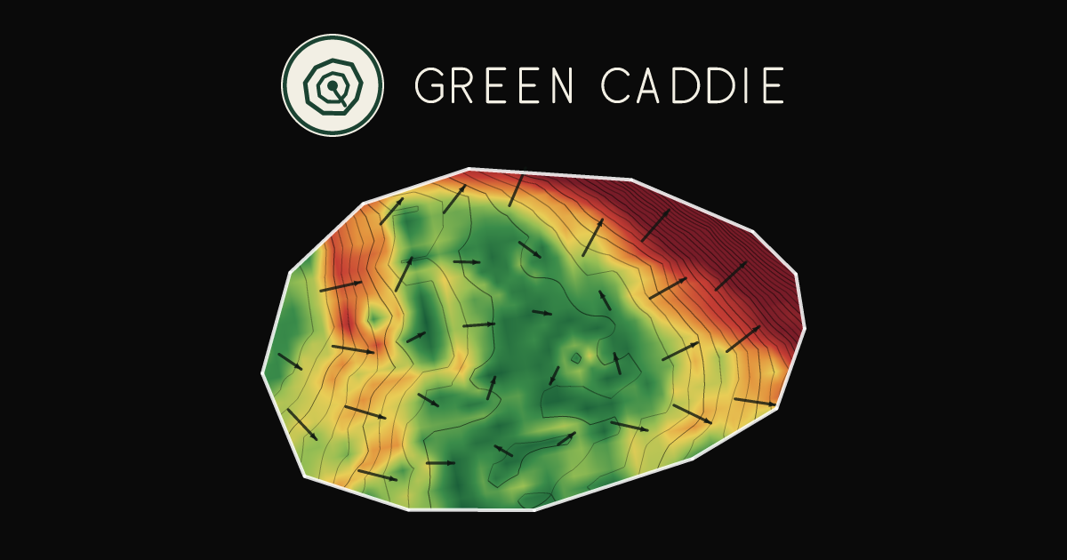 A putting green at Hedgehope Golf Course, painted with its measured slope — green where it is flat, red where it falls away, with arrows showing which way a ball rolls.
