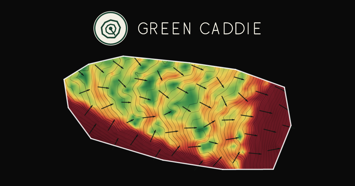 A putting green at Highfield Golf Course, painted with its measured slope — green where it is flat, red where it falls away, with arrows showing which way a ball rolls.