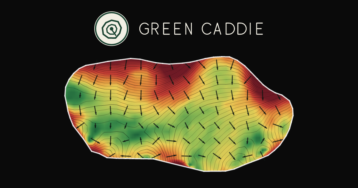 A putting green at Huapai Golf Course, painted with its measured slope — green where it is flat, red where it falls away, with arrows showing which way a ball rolls.