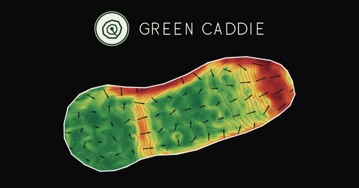 A putting green at Invercargill Golf Course, painted with its measured slope — green where it is flat, red where it falls away, with arrows showing which way a ball rolls.