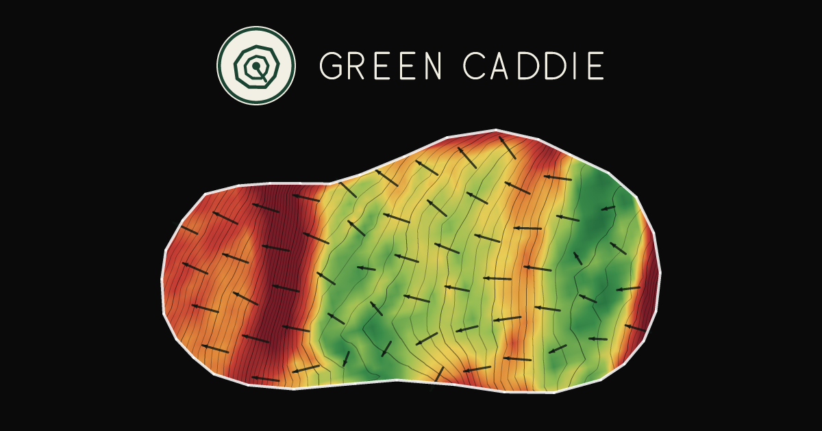 A putting green at Kapiti Golf Club, painted with its measured slope — green where it is flat, red where it falls away, with arrows showing which way a ball rolls.