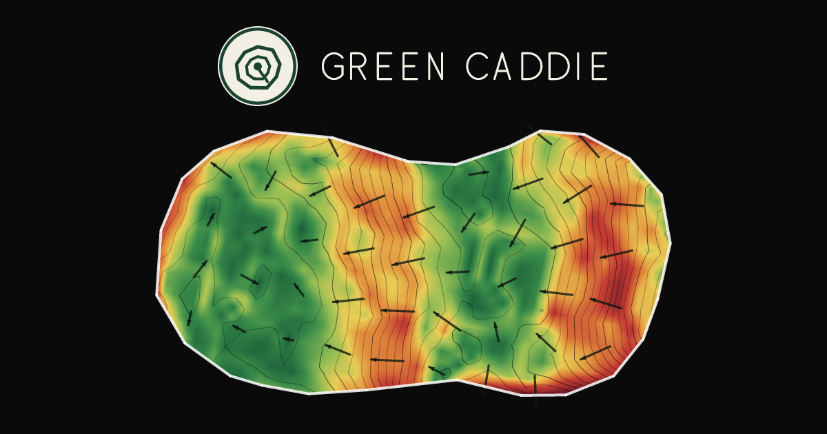 A putting green at La Pointe Golf Course, painted with its measured slope — green where it is flat, red where it falls away, with arrows showing which way a ball rolls.