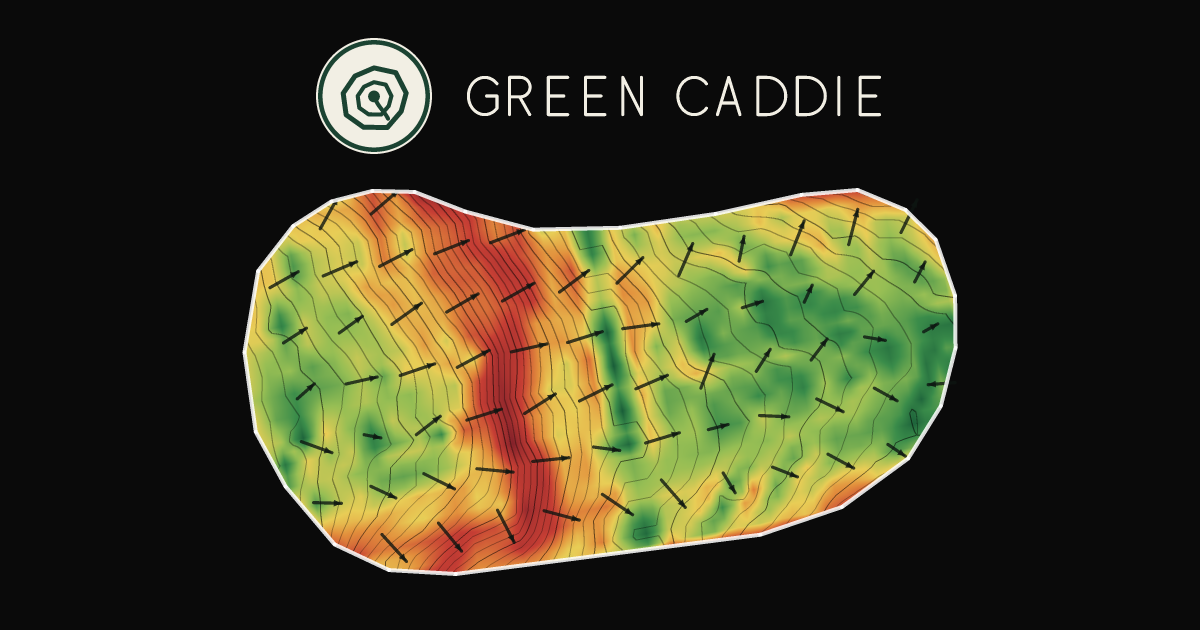 A putting green at Lake View Golf and Country Club, painted with its measured slope — green where it is flat, red where it falls away, with arrows showing which way a ball rolls.