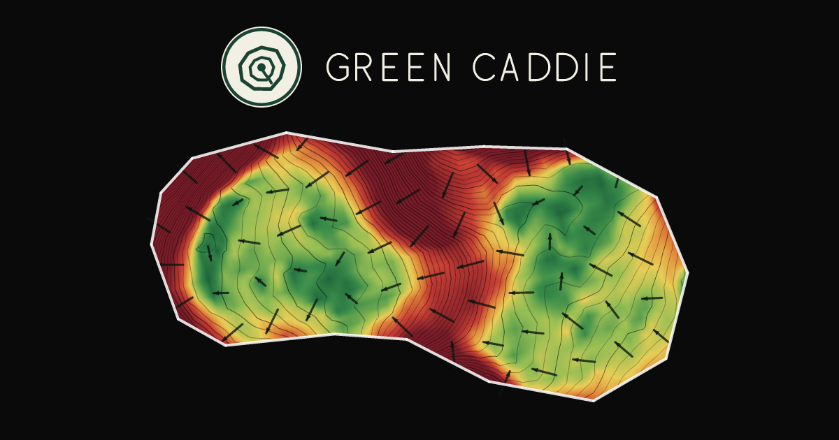 A putting green at Māhia Golf Course, painted with its measured slope — green where it is flat, red where it falls away, with arrows showing which way a ball rolls.
