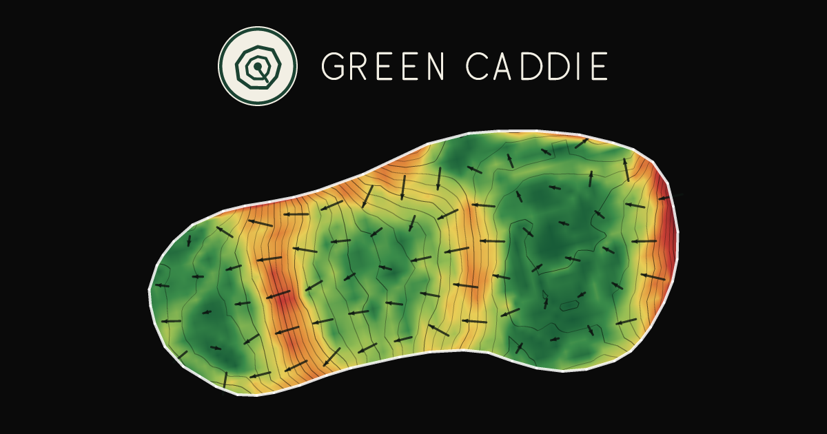 A putting green at Royal Wellington Golf Club — Terrace Course, painted with its measured slope — green where it is flat, red where it falls away, with arrows showing which way a ball rolls.