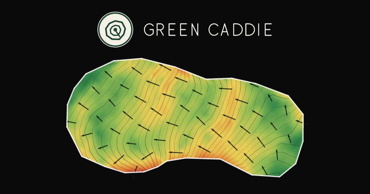 A putting green at Takapuna Golf Course, painted with its measured slope — green where it is flat, red where it falls away, with arrows showing which way a ball rolls.