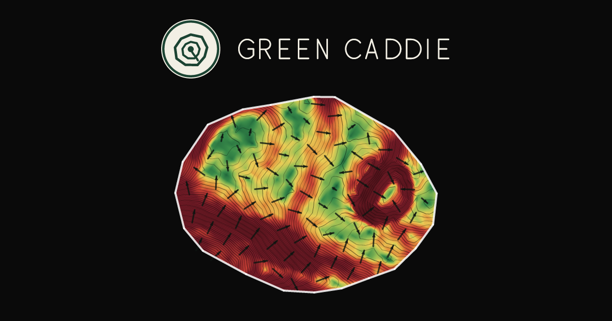 A putting green at The Dunes Golf Course, painted with its measured slope — green where it is flat, red where it falls away, with arrows showing which way a ball rolls.