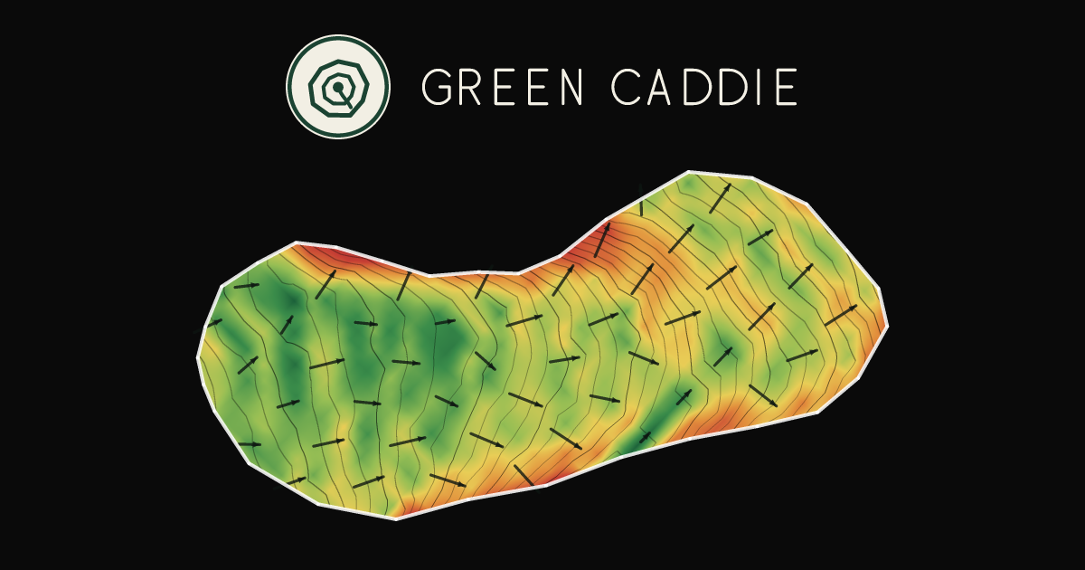 A putting green at The Morgans Golf Club, painted with its measured slope — green where it is flat, red where it falls away, with arrows showing which way a ball rolls.