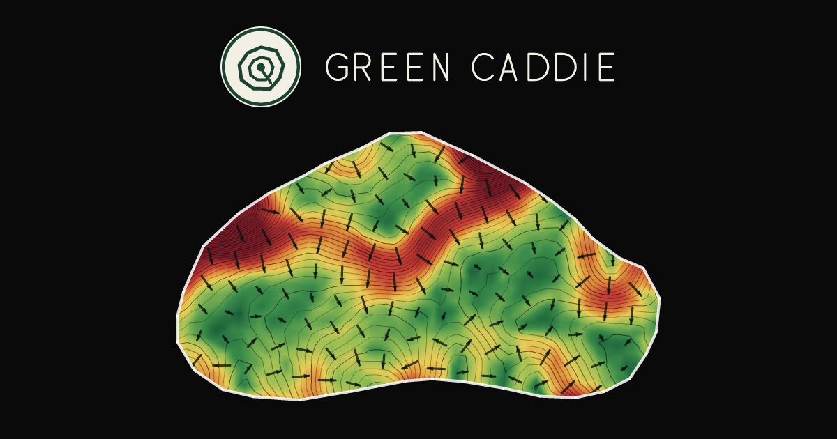 A putting green at Windross Farm Golf Course, painted with its measured slope — green where it is flat, red where it falls away, with arrows showing which way a ball rolls.