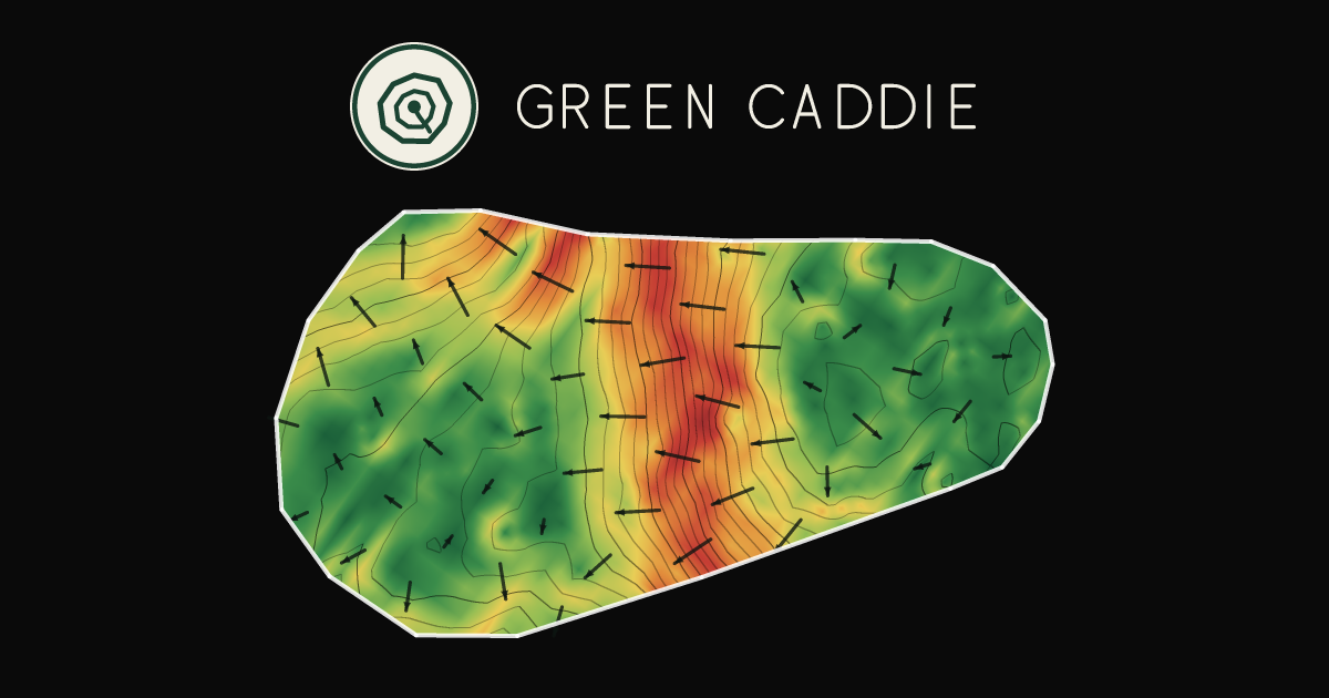 A putting green at Winton Golf Course, painted with its measured slope — green where it is flat, red where it falls away, with arrows showing which way a ball rolls.